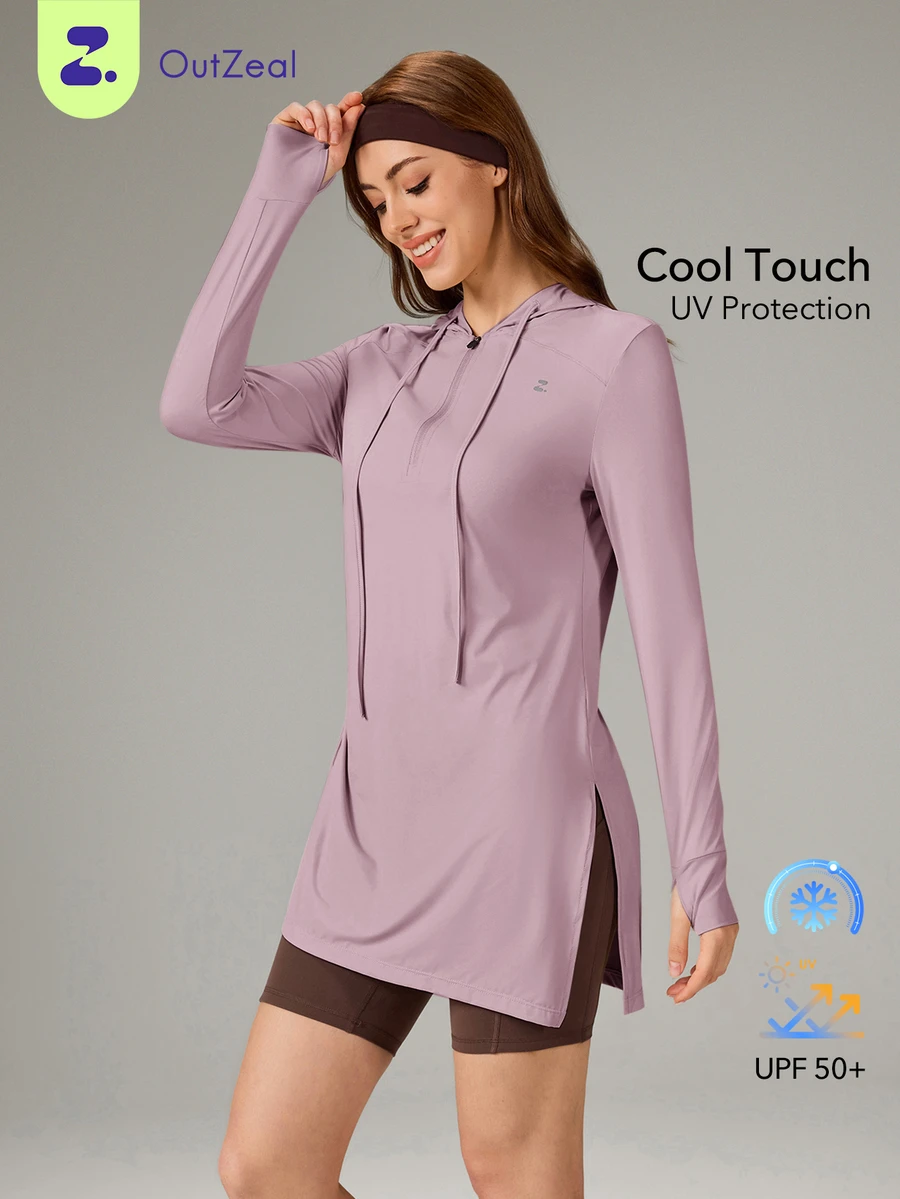 OutZeal 女款防曬運動外套 健身徒步用 UV 防護 涼感 T Touch 臀部長度連帽外套 - 淺灰紫 - 查看 1