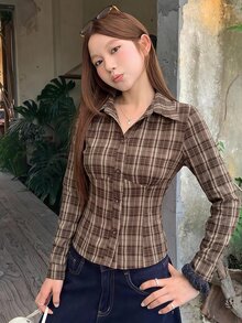 DAZY 純色領口修身短袖白色女式襯衫 - 棕色 - 查看 6