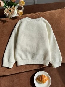女童甜美休閒可愛奶油白針織長袖毛衣，3D花朵貼花設計，觸感柔軟舒適，適合日常穿著、外出、旅行、度假、幼兒園及兒童遊戲，適合秋冬、聖誕節、開學季與派對場合，女孩子穿著也很棒 - 米色 - 查看 2