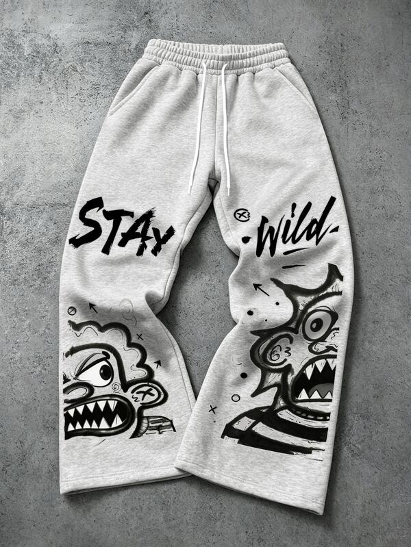 Manfinity EMRG Men's Heather Grey Flared Sweatpants, Y2K Streetwear Graffiti Cartoon Print Loose Wide Leg Sweatpants, Gothic Vintage Style Suitable For Music Festivals, Concerts, Clubs, Parties, Outings, Casual Wear, Sports, Fitness, Vacation And Holidays