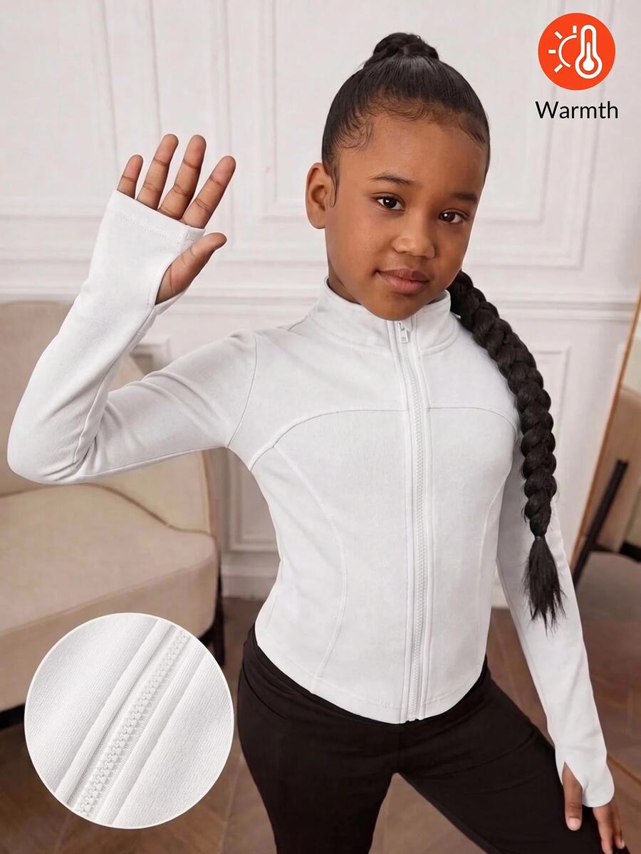 SHEIN Tween Girls Knit Black Stand Collar Long Sleeve Open Front Autumn Jacket - White - View 1