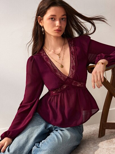 Willow Rêve Women's Burgundy Chiffon Deep V-Neck Blouse With Lace Trim, Puff Long Sleeves And Empire Waist, Romantic Elegant Autumn Date Dinner Going Out