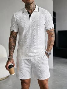 Manfinity CasualCool 男士休閒粗針編織半開襟鈕扣 Polo 衫與口袋短褲套裝 - 白色 - 查看 3