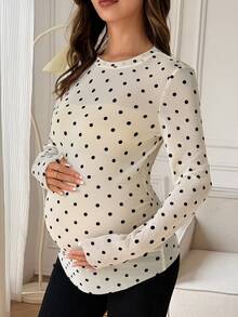 Dazy Maternity Polka Dot Mesh Slim Fit Long Sleeve Round Neck Casual Vacation Spring Autumn Maternity T-Shirt - Apricot - View 3