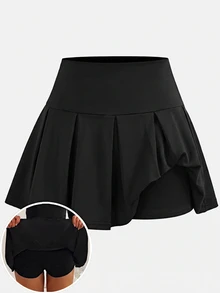 SHEIN 青少年女孩休閒寬鬆運動學院風返校黑色內建內搭褲雙層荷葉邊蛋糕迷你裙，秋季派對正式款 - 黑色 - 查看 2