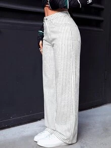 SHEIN PETITE Celana Jeans Kasual Wanita Bergaris dengan Kancing dan Saku, Potongan Lebar. - Putih - View 7