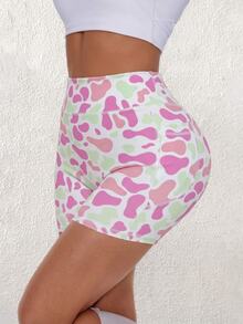 SHEIN Core Rhythm Celana Pendek Olahraga Slim Fit Pinggang Tinggi dengan Motif Cetak Seluruh Permukaan - MultiWarna - View 6
