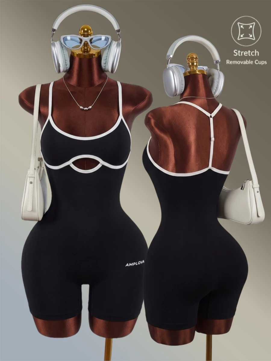 Amplova Jumpsuit Olahraga Terusan Wanita Motif Blok Warna Hitam Putih dengan Tali Bahu Tipis - Hitam dan Putih - View 1