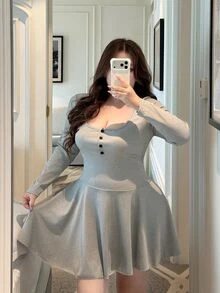 Vibekara Plus Size Women's Button Half-Placket Casual Cute Ribbed Knit Dress With Equestrian Embroidery Autumn Graduation Club Grey - Light Grey - View 6