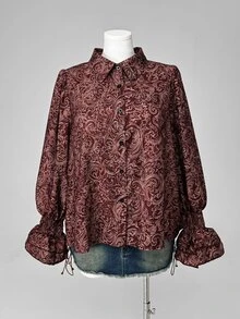 Franclia Plus Size Casual Vintage Single-Breasted Printed Shirt Fall - Brown - View 3
