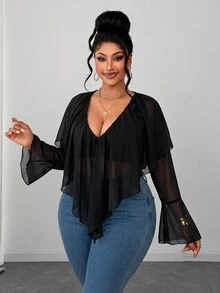 Maweii Plus Size French Sexy Vacation Sexy V-Neck Ruffle Blouse - Black - View 5