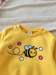 SHEIN Baby Girl Knit Solid Color Cartoon Bee Pattern Sweatshirt & Long Pants 2 Pieces Set - Multicolor - View 3