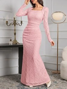 Modelyn 優雅白色蕾絲修身長洋裝 女款長版晚禮服 - 粉色 - 查看 3