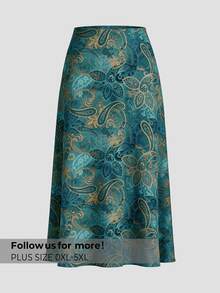 Firerie Plus Size Elegant Paisley Pattern Skirt - Suitable For Commute, Office, Party And Wedding - Green - View 1