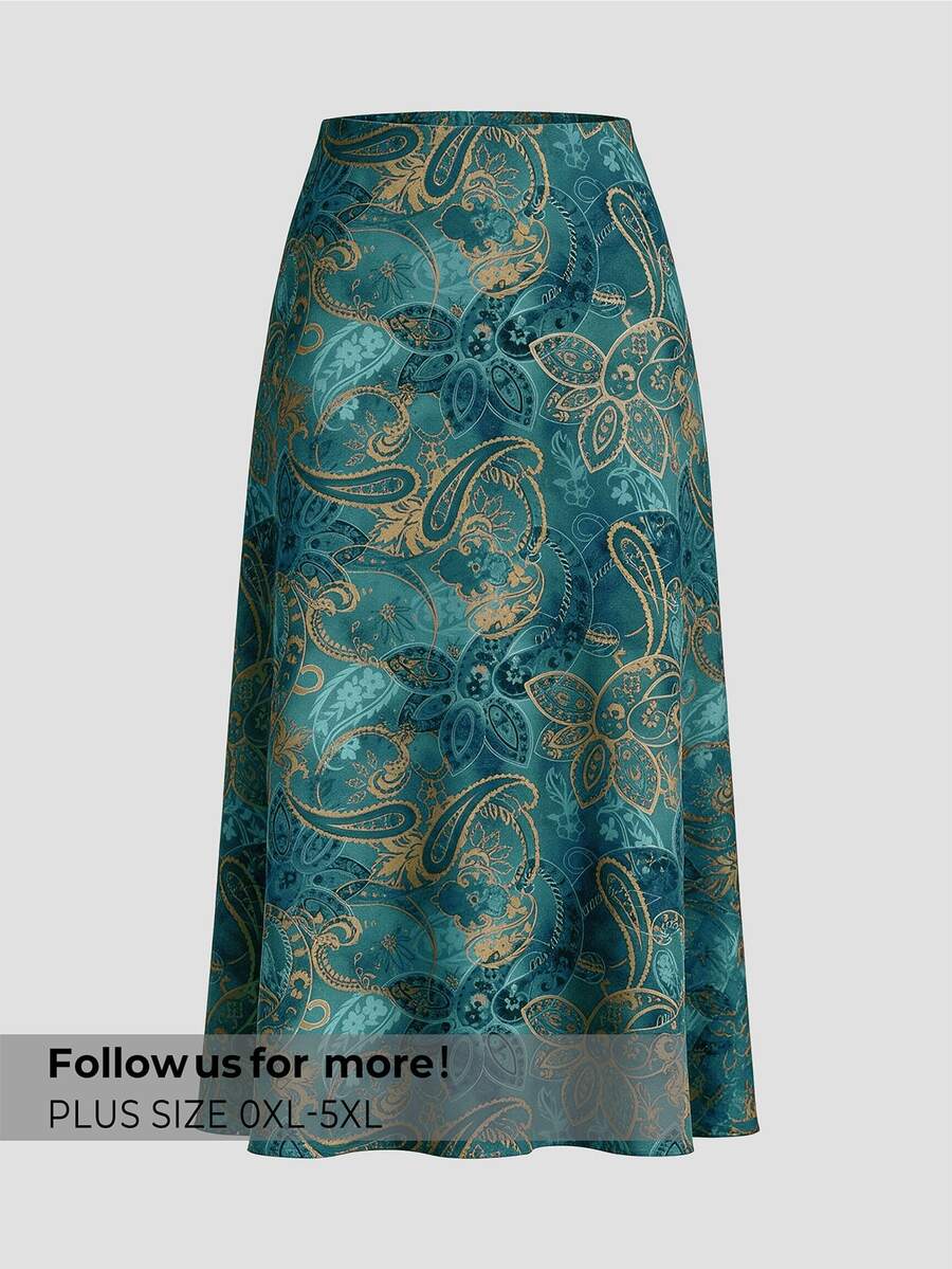 Firerie Plus Size Elegant Paisley Pattern Skirt - Suitable For Commute, Office, Party And Wedding - Green - View 1