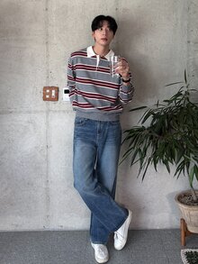 DAZY 男士長袖灰色與酒紅條紋對比領 Polo 毛衣 - 彩色 - 查看 3