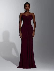 Elitara Elegante Vestido de Fiesta Romántico y Sexy de Malla Elástica Color Burdeos con Fruncido y Bajo de Sirena, Vestido para Invitada de Boda, Vestido para Despedida de Soltera, Vestido de Noche Formal (Chal Gratis) - Burdeos - Ver 6