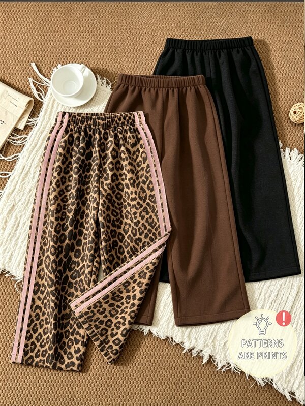 Girls' Vintage Leopard Print Solid Color Wide Leg Pants, Loose Straight Fit, Leopard, Coffee, Black 3 Colors Available, Vintage Vibe, Easy To Match For Daily School, Outings, Travel, Versatile For Various Tops, Autumn/Winter Girls' Outfit, Halloween, Christmas, Back To School