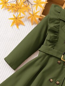 SHEIN 女童小女孩編織純色翻領荷葉邊修身休閒長款風衣 - 綠色 - 查看 4