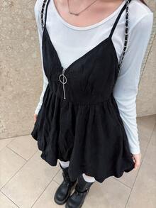 FRIFUL Women's Solid Color Zipper Front Casual Peplum Hem Cami Tank Top Fall - Black - View 8