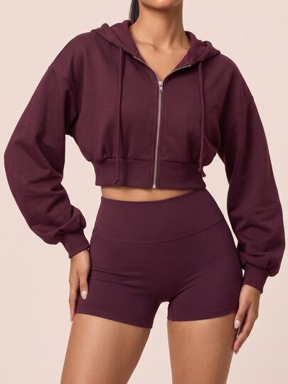 SHEIN BAE Women Burgundy Hooded Zip Up Long Sleeve Sports Sweatshirt Gym Workout Training Running Yoga Athletic Activewear