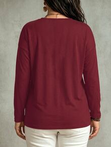 SHEIN LUNE 女款秋冬新款V領長袖落肩寬鬆軟針織大尺碼T恤 - 酒紅色 - 查看 2