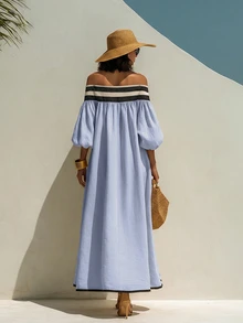 Linhara CURVE Plus Size Striped Elastic Off-Shoulder Puff 3/4 Sleeve Flowy Loose Dress Fall - Blue - View 2