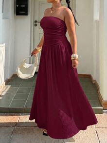 Muchica Plus Size Women Solid Color Pleated Casual Party Strapless Dress - Burgundy - View 6