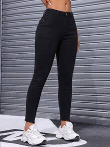SHEIN Unity 女款修身休閒百搭牛仔褲，附口袋 - 黑色 - 查看 5