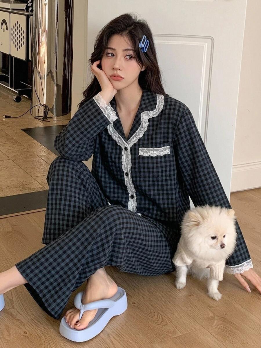 DAZY 2pcs Plaid Embroidered Pattern Pajama Set Fall - Navy Blue - View 1