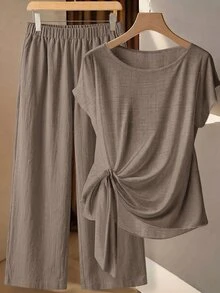 SHEIN Clasi 女款夏季度假休閒百搭襯衫與寬腿褲套裝 - 淺灰紫 - 查看 1