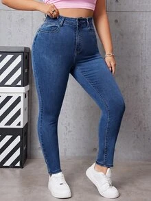 SHEIN EZwear 大尺碼女款休閒百搭日常牛仔褲，附口袋與鈕扣設計 - 霧霾藍 - 查看 5