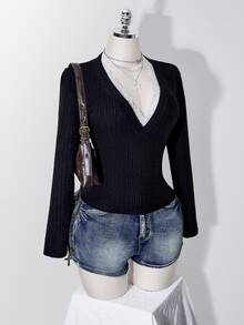 SHEIN ICON Women's Plus Size Wide Ribbed Lace Patchwork T-Shirt - Black - View 9