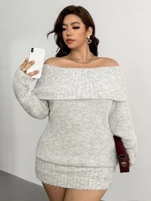 Auralis Off-Shoulder Folded Long Sleeve Fitted Grey Knit Dress, Sexy Soft Aesthetic, Autumn/Winter - Light Grey - View 7