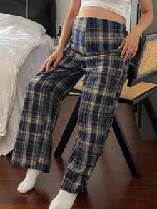 DAZY Plaid Loose Wide Leg Pants With Elastic Waist, Casual Daily Home Wear, Autumn/Winter Long Pants, Maternity Pants - Blue - View 5
