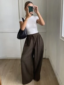 DAZY Solid Color Loose Drawstring Elastic Waist Curved Leg Pants Casual Streetwear Korean Style Thickened Long Pants For Women Autumn/Winter Vacation - Brown - View 3
