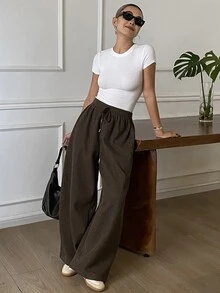DAZY Solid Color Loose Drawstring Elastic Waist Curved Leg Pants Casual Streetwear Korean Style Thickened Long Pants For Women Autumn/Winter Vacation - Brown - View 7