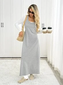 Easowa Square Neck Contrast Color Patchwork 2 In 1 Long Sleeve Knit Dress Brunch White Grey Autumn Casual - Multicolor - View 4