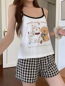 DAZY Happy Puppy Pattern Sleeveless Camisole Tank Top & Plaid Short Pajama Pants 2-Piece Set Summer Women's Sleepwear Outfit - Black - View 6