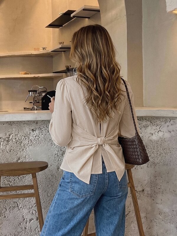 Serisse Women's Casual Versatile Solid Color Bowknot Decor Blouse