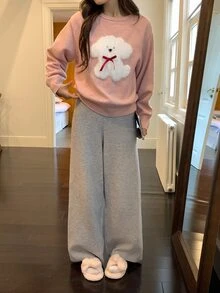 DAZY Autumn/Winter Knit Cute Puppy Pattern Loose Long Sleeve Top & Straight Leg Long Pajama Pants 2pcs Set Women's Sleepwear - Pink - View 10