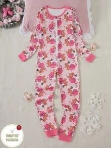 Tween Girls' Slim Fit Long Sleeve Long Pants Jumpsuit With Bow Print And Zipper, Loungewear - Multicolor - View 3