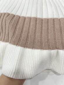Pariaura French Style Gentle Semi-High Neck Contrast Color Ribbed Ribbed Knit Mini Dress, Early Autumn 3/4 Sleeve Ruffle Hem Cinched Waist Dress, Versatile For Daily Commute - Multicolor - View 3