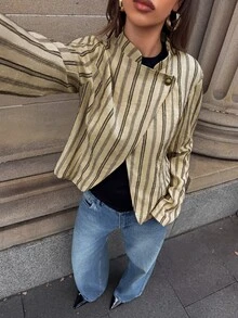 Aloruh Women's Autumn/Winter New Stand Collar Khaki Metal Button Striped Jacket Shirt,Going Out - Khaki - View 6
