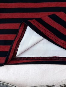 SHEIN 青少年女孩黑色與紅色條紋V領長袖T恤，萬聖節哥德龐克Y2K街頭風復古校園風，休閒日常度假秋冬穿搭，嘻哈風簡約修身百搭上衣 - 彩色 - 查看 5