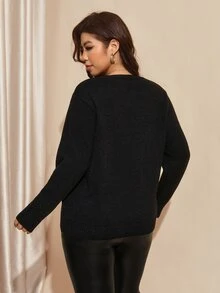 Comfylo Plus Size Women's Sequin Bow Embroidery Round Neck Long Sleeve Sweater - Black - View 2