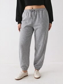 YARNWELL Plus Size Women's Solid Color Drawstring Waist Pocket Cuffed Casual Sweatpants - Grey - View 6