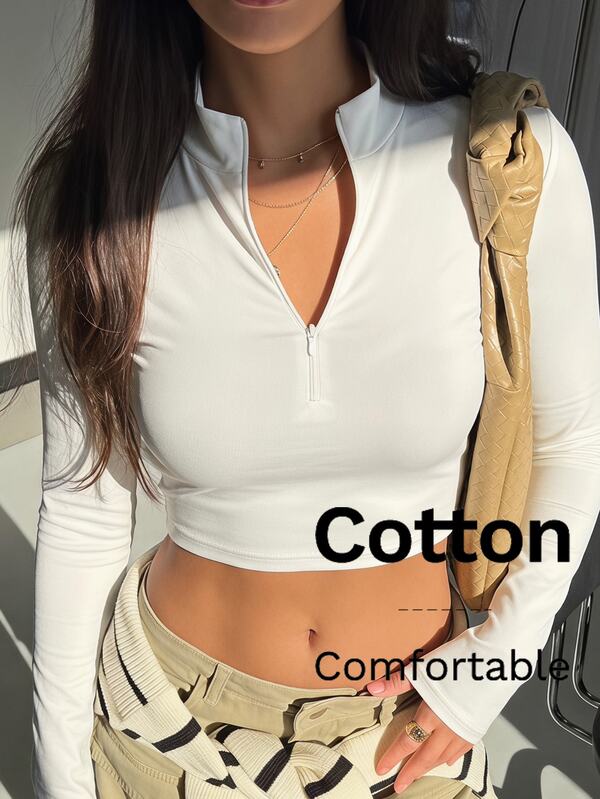 SHEIN SXY Spring And Summer Turtleneck Half-Zip Short White Long-Sleeved T-Shirt