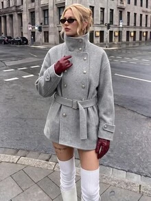Struktiv Classic Grey Double-Breasted Belted Wool Coat - Grey - View 5