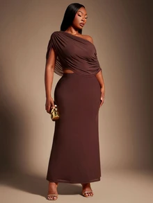 Radiana Plus Size Women's Spring/Summer Fashion Elegant Long Dress, Asymmetrical Drape One-Shoulder Design, Combining Goddess Style And Greek-Inspired Pleated Details - Brown - View 3